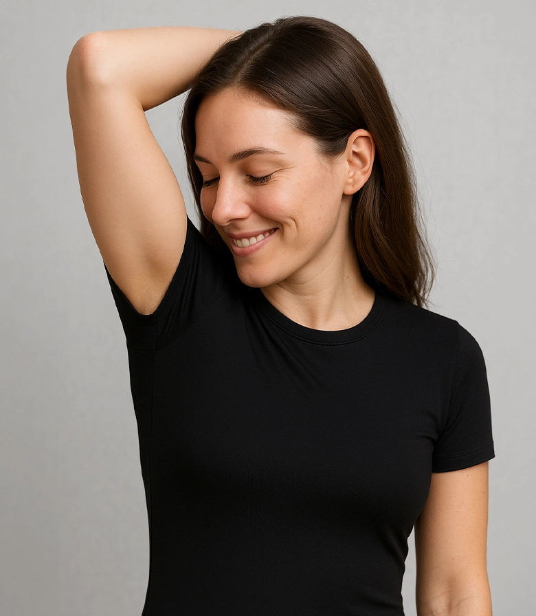 woman wearing Intimidea odorfree tshirt